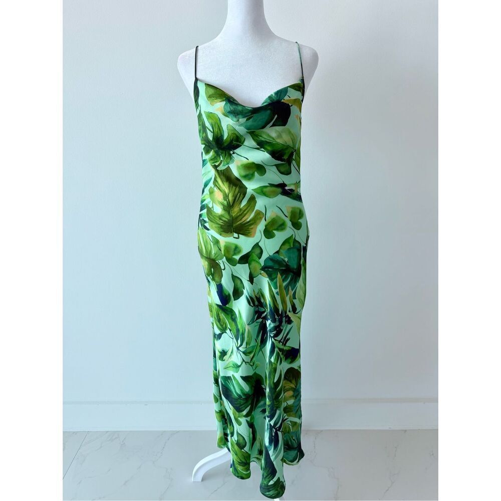 ZARA Silky Maxi Dress – Palm Leaf Tropical Print – Shades of Green & Aqua Blue - Picture 6 of 11